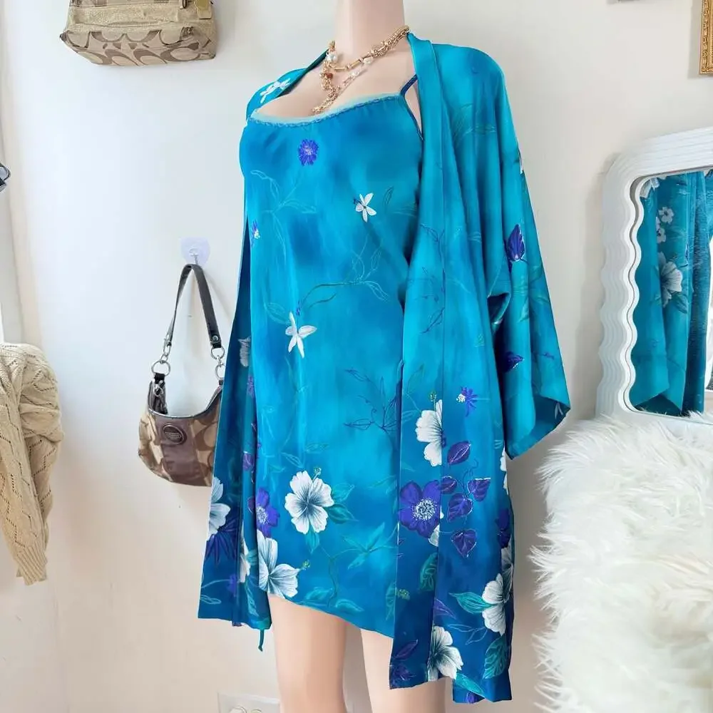 Vintage Tropical Floral Silk Chemise Slip Dress and Matching Robe Set